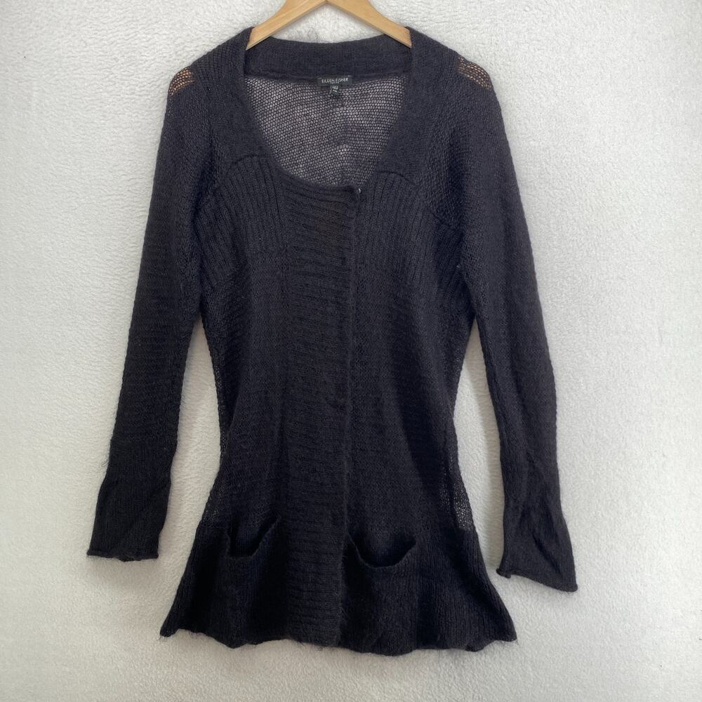 EILEEN FISHER Cardigan PM Mohair Wool Blend Hidden Snap Front Sweater Purple